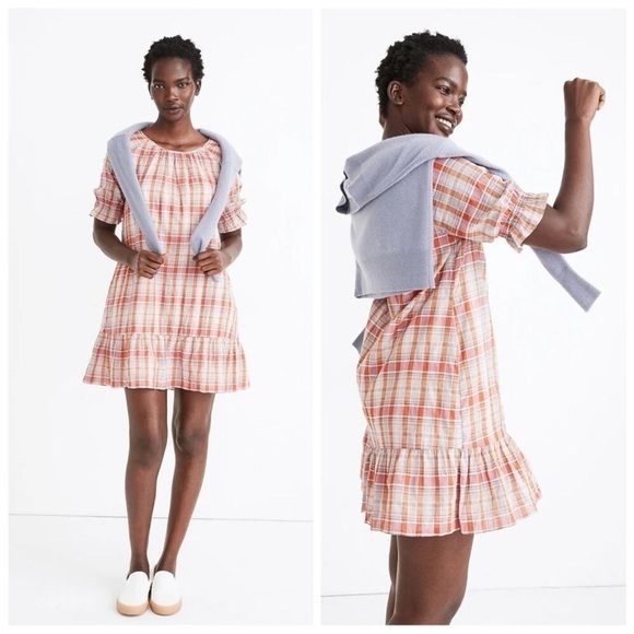 Madewell Plaid Ruffle-Sleeve Popover Mini Dress Size XS 90s Ruffles Mini Summer - Picture 1 of 10